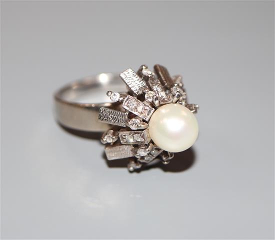 A modern 14k white metal, cultured pearl and diamond cluster dress ring, size L, gross weight 6.9 grams.